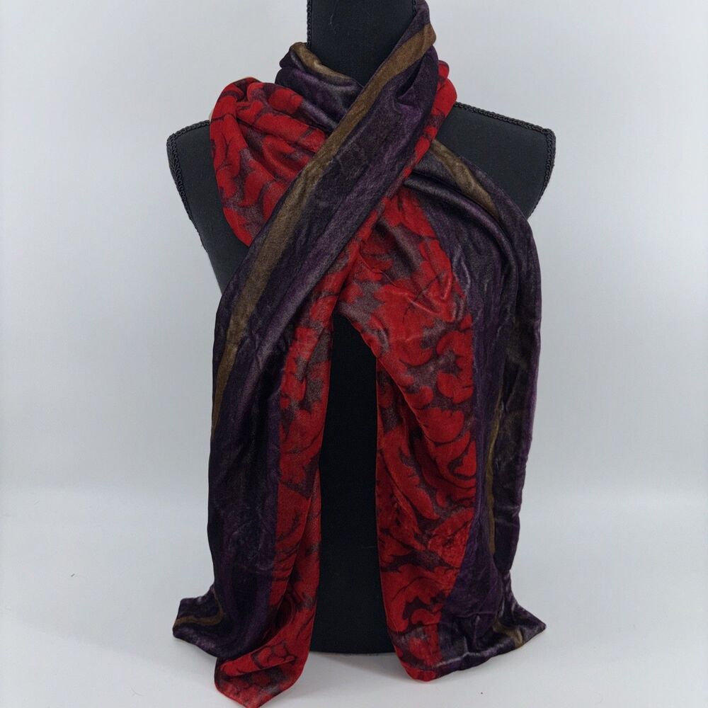 Vintage Ann Taylor Loft Velvet Damask Printed Purple Red Lined Scarf Shawl - Picture 1 of 7